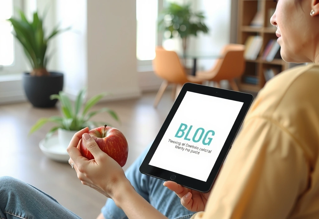 Eine Person liest einen Blog auf einem Tablet, während sie einen gesunden Snack genießt. Gemütliche, einladende Atmosphäre.