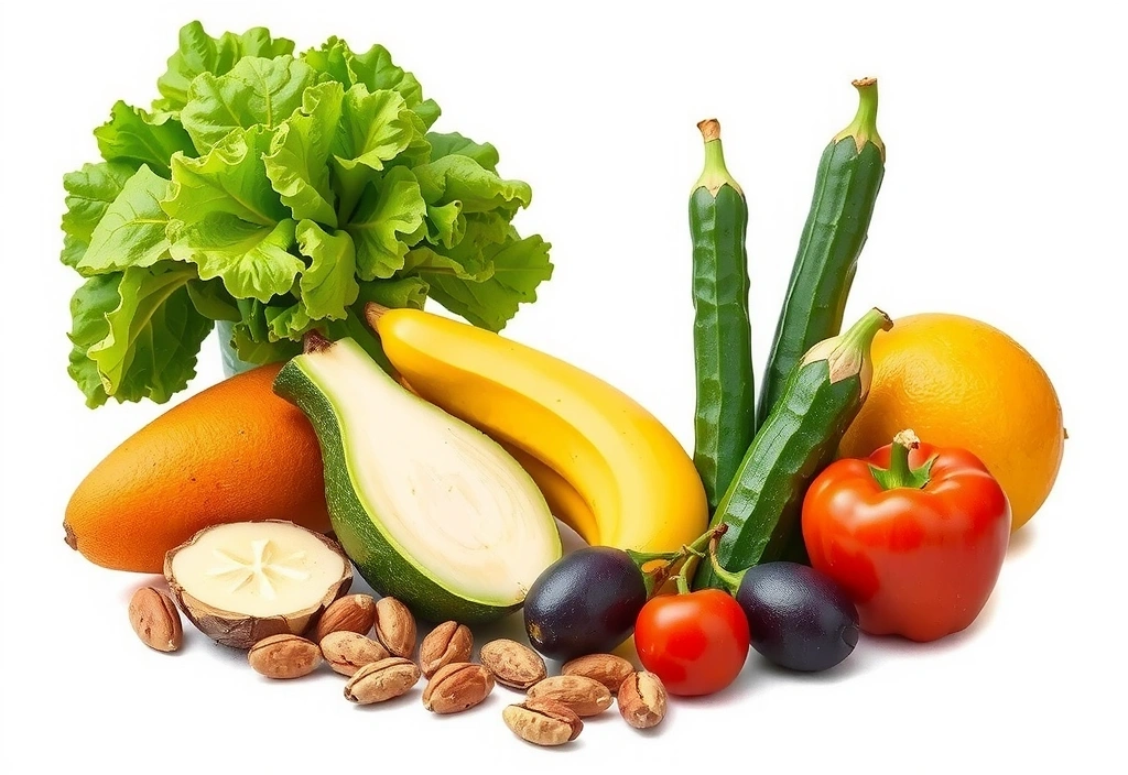 Illustration von verschiedenen gesunden Lebensmitteln wie Obst, Gemüse und Nüssen.