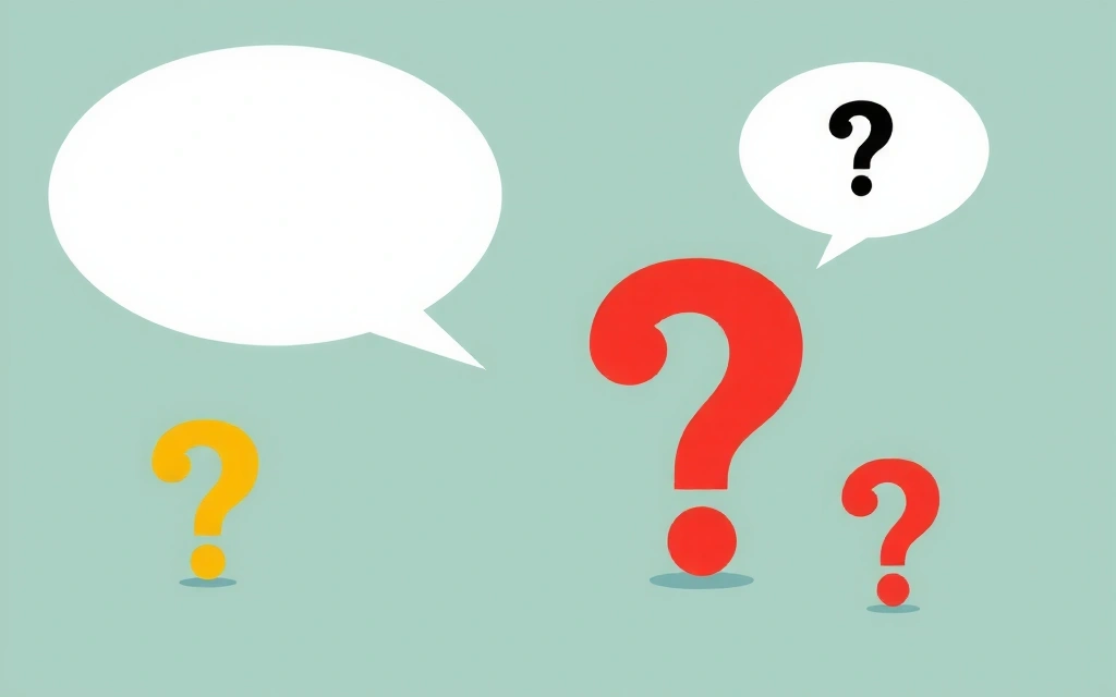 Minimalistische Illustration von Fragezeichen und Denkblasen, die Neugier und Antworten vermitteln.