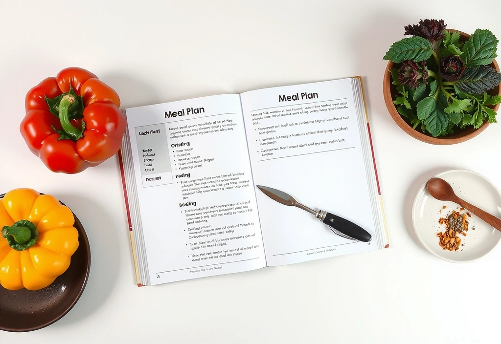 Aufgeschlagenes Kochbuch mit Rezepten und frischen Zutaten