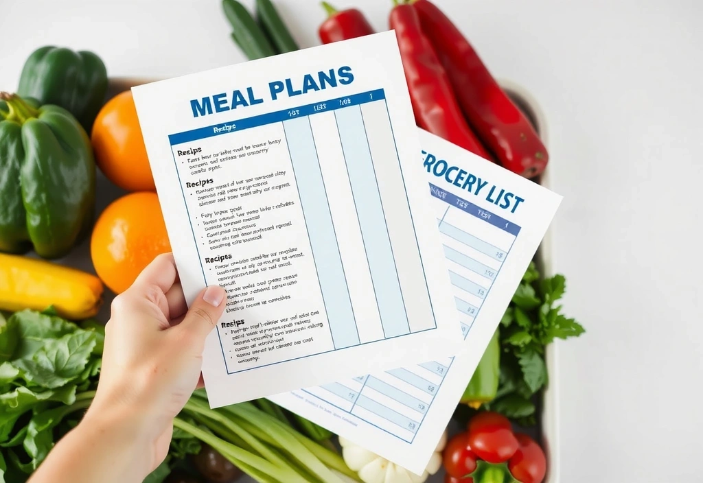 Hand hält einen Ernährungsplan mit Rezepten und Einkaufsliste
