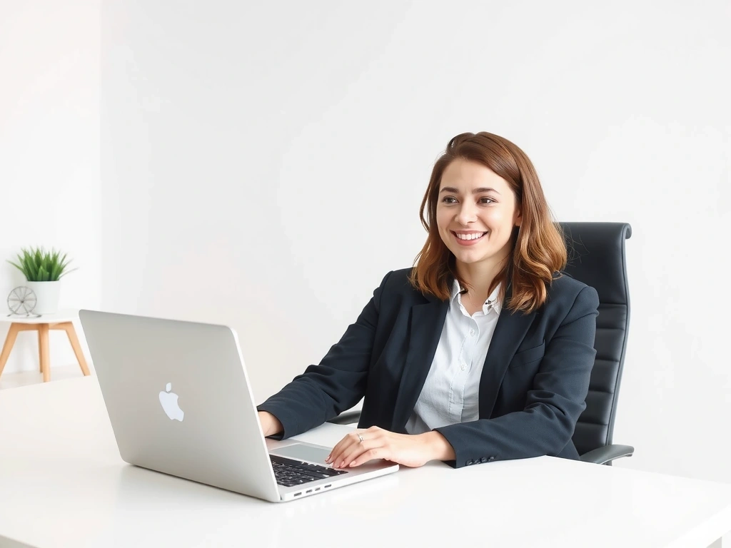 Eine Person, die einen Laptop für einen Videoanruf nutzt, mit einem freundlichen, professionellen Ausdruck und einem modernen, sauberen Hintergrund.