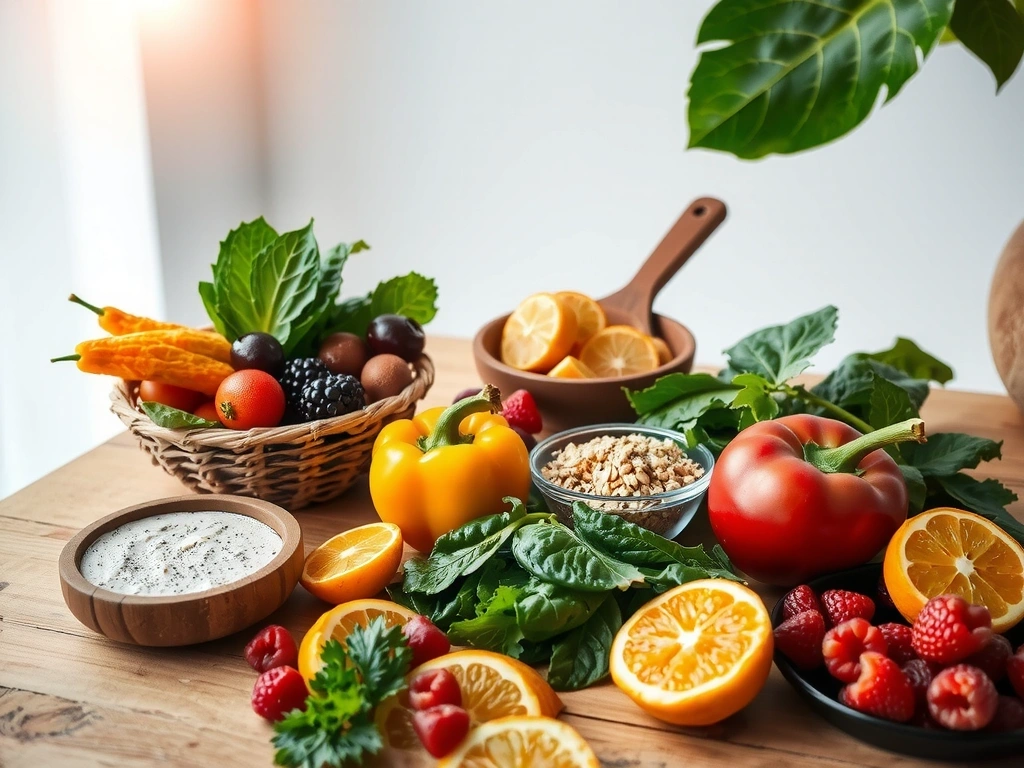 A vibrant, healthy meal spread on a wooden table, with fresh ingredients like fruits, vegetables, and whole grains. Bright, natural lighting.
