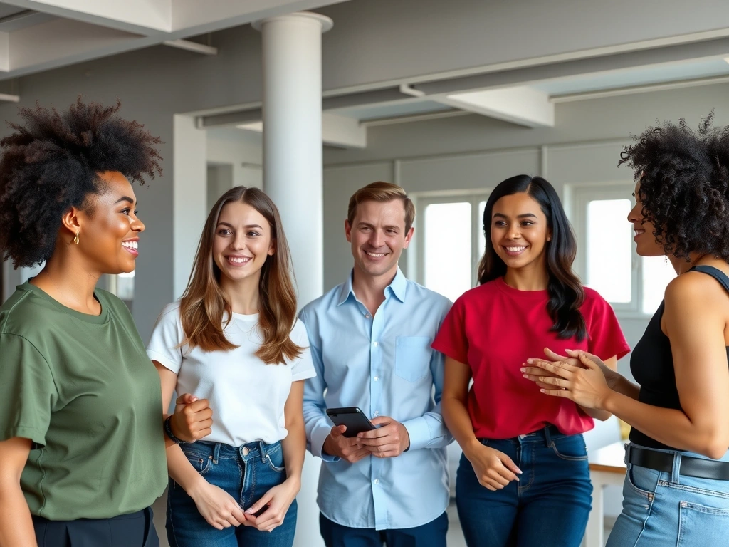 Ein professionelles Gruppenfoto eines vielfältigen, gesund aussehenden Teams, das in einem hellen, modernen Raum zusammenarbeitet und lächelt.