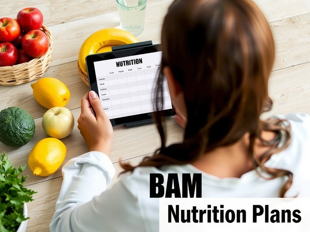 Eine Person, die auf einem Tablet einen personalisierten Ernährungsplan ansieht, umgeben von frischem Obst und Gemüse, was Individualität und gesunde Ernährung symbolisiert.